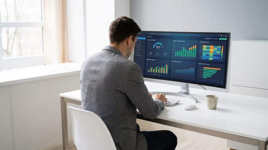 Un homme en veste grise, vu de dos, utilise un ordinateur pour analyser un tableau de bord SEO détaillé avec graphiques et données.