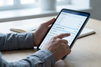 Mains consultant un relevé bancaire numérique sur une tablette, affichant une transaction "AMZ Digital FRA - Débit" mise en évidence.