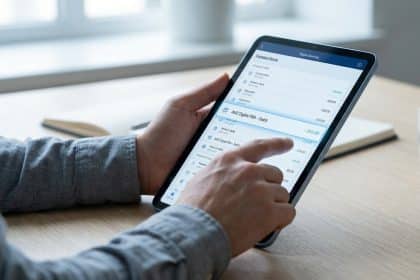 Mains consultant un relevé bancaire numérique sur une tablette, affichant une transaction "AMZ Digital FRA - Débit" mise en évidence.