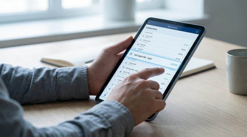 Mains consultant un relevé bancaire numérique sur une tablette, affichant une transaction "AMZ Digital FRA - Débit" mise en évidence.