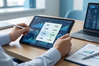 Personne utilisant une tablette pour visualiser des calculs HT et TTC et des graphiques financiers, à côté d'un ordinateur portable.
