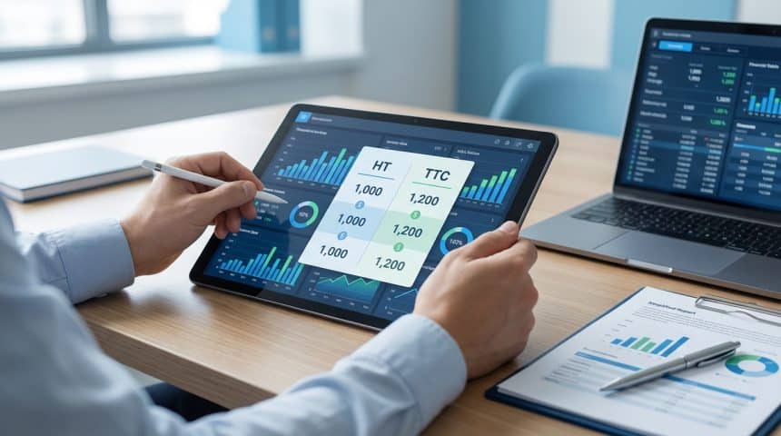 Personne utilisant une tablette pour visualiser des calculs HT et TTC et des graphiques financiers, à côté d'un ordinateur portable.