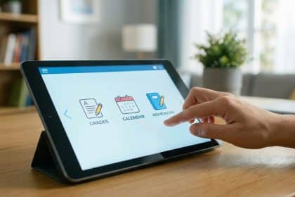 Main naviguant sur une tablette affichant un portail éducatif avec des icônes pour les notes, l'emploi du temps et les devoirs.