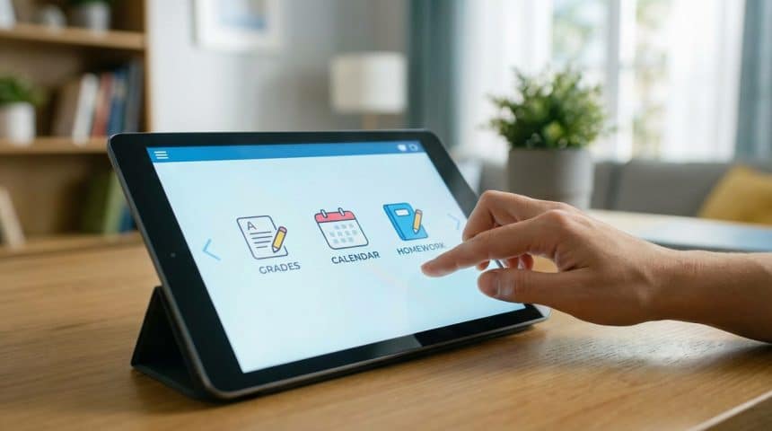 Main naviguant sur une tablette affichant un portail éducatif avec des icônes pour les notes, l'emploi du temps et les devoirs.