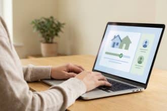 Gros plan sur les mains d'une personne tapant sur un laptop. L'écran affiche une interface de gestion d'aides au logement.