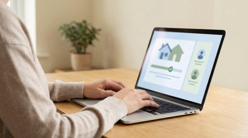 Gros plan sur les mains d'une personne tapant sur un laptop. L'écran affiche une interface de gestion d'aides au logement.
