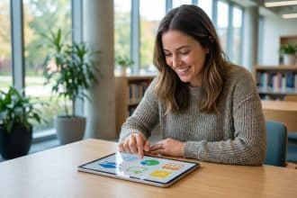Femme souriante utilisant une tablette affichant des icônes éducatives (chapeau de diplômé, graphique) dans une bibliothèque moderne.