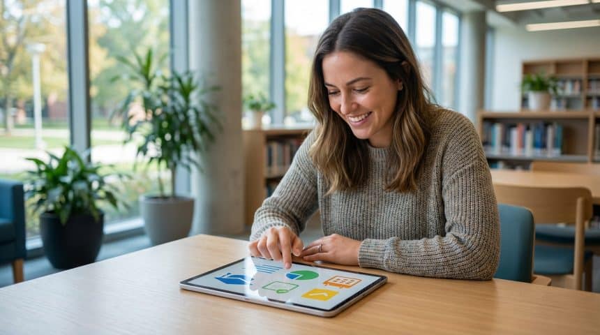 Femme souriante utilisant une tablette affichant des icônes éducatives (chapeau de diplômé, graphique) dans une bibliothèque moderne.