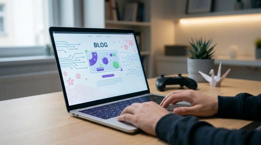 Personne tapant sur un ordinateur portable affichant une page 'BLOG' avec des motifs tech et floraux. Bureau avec plante, manette et origami.