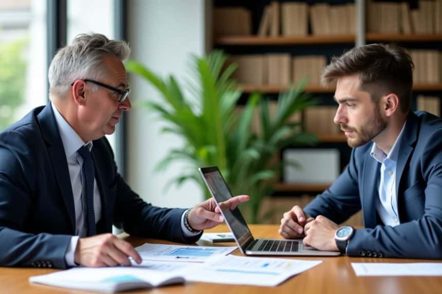 Deux professionnels discutant devant un ordinateur portable