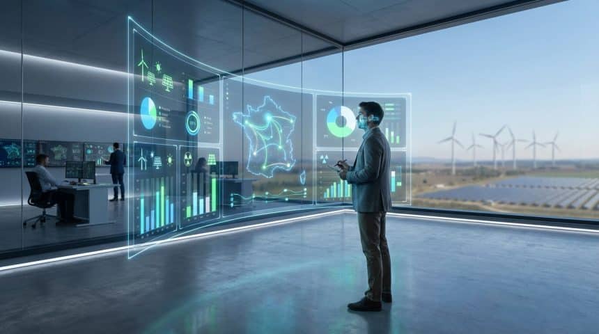 Un homme devant un écran holographique de données énergétiques en France, avec éoliennes et panneaux solaires à l'extérieur.