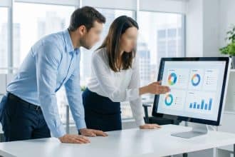 Deux personnes analysent un tableau de bord logiciel RH avec des graphiques de données sur un écran d'ordinateur, en bureau moderne.