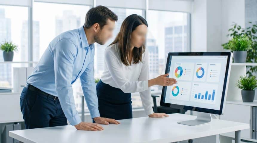 Deux personnes analysent un tableau de bord logiciel RH avec des graphiques de données sur un écran d'ordinateur, en bureau moderne.