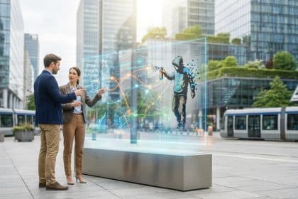 Deux pros discutent devant un écran holographique montrant un graffeur transformant son art en données, dans un environnement urbain.