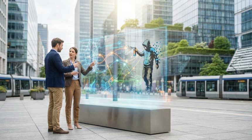 Deux pros discutent devant un écran holographique montrant un graffeur transformant son art en données, dans un environnement urbain.