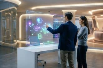 Deux personnes dans un bureau futuriste. Un homme interagit avec un grand écran holographique affichant des fichiers et des données en réseau, sous l'œil attentif d'une femme.
