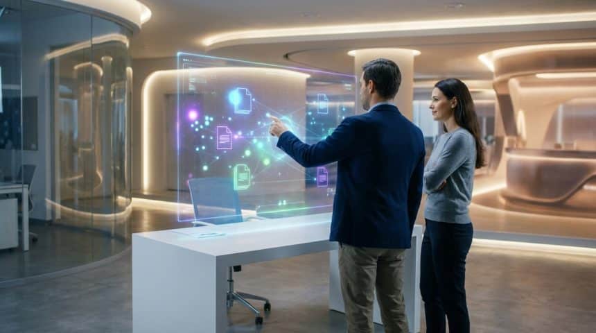 Deux personnes dans un bureau futuriste. Un homme interagit avec un grand écran holographique affichant des fichiers et des données en réseau, sous l'œil attentif d'une femme.
