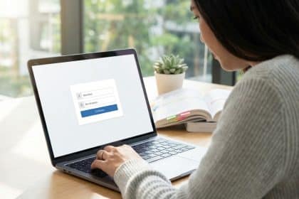 Utilisateur se connectant au portail CNAM sur un laptop. L'écran montre un formulaire d'authentification (identifiant, mot de passe).