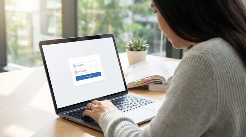 Utilisateur se connectant au portail CNAM sur un laptop. L'écran montre un formulaire d'authentification (identifiant, mot de passe).