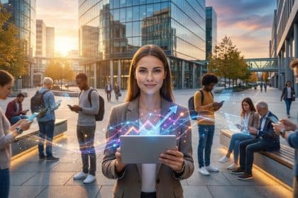 Femme souriante avec tablette et graphiques de croissance lumineux. Des personnes utilisent leurs appareils mobiles dans une ville moderne.