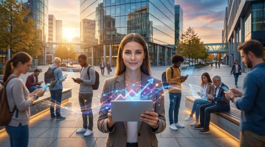 Femme souriante avec tablette et graphiques de croissance lumineux. Des personnes utilisent leurs appareils mobiles dans une ville moderne.