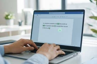 Mains tapant sur un clavier de laptop, écran affichant un texte avec des fautes d'orthographe soulignées en vert et un curseur lumineux.