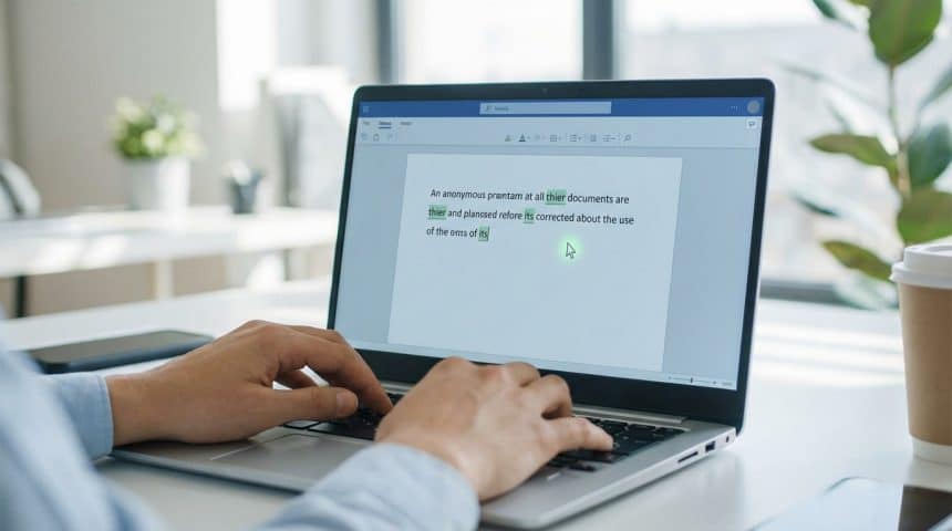 Mains tapant sur un clavier de laptop, écran affichant un texte avec des fautes d'orthographe soulignées en vert et un curseur lumineux.