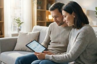 Un homme et une femme sont assis sur un canapé, regardant ensemble une tablette avec des graphiques. Ils sont dans un salon lumineux.
