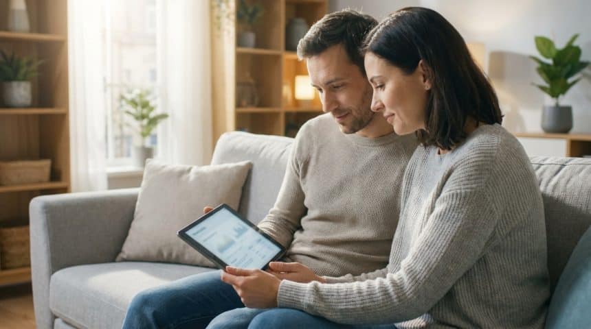 Un homme et une femme sont assis sur un canapé, regardant ensemble une tablette avec des graphiques. Ils sont dans un salon lumineux.