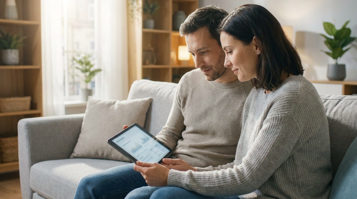 Un homme et une femme sont assis sur un canapé, regardant ensemble une tablette avec des graphiques. Ils sont dans un salon lumineux.