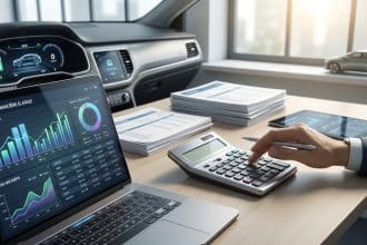 Un professionnel calcule des frais kilométriques avec un ordinateur portable montrant des graphiques, une calculatrice et un tableau de bord de voiture.