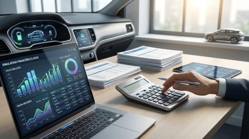Un professionnel calcule des frais kilométriques avec un ordinateur portable montrant des graphiques, une calculatrice et un tableau de bord de voiture.