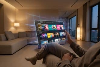 Personne sur canapé, interagissant avec une tablette holographique affichant une interface de streaming vidéo. Salon moderne.