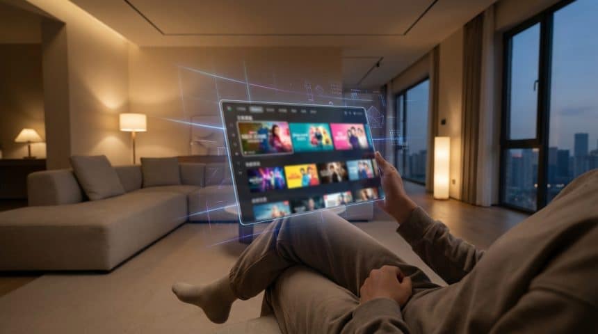 Personne sur canapé, interagissant avec une tablette holographique affichant une interface de streaming vidéo. Salon moderne.
