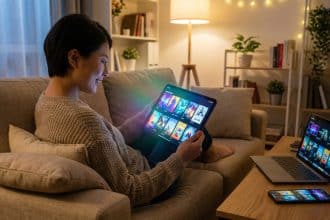 Femme souriante choisissant du contenu en streaming sur tablette, avec PC portable et smartphone affichant des options.