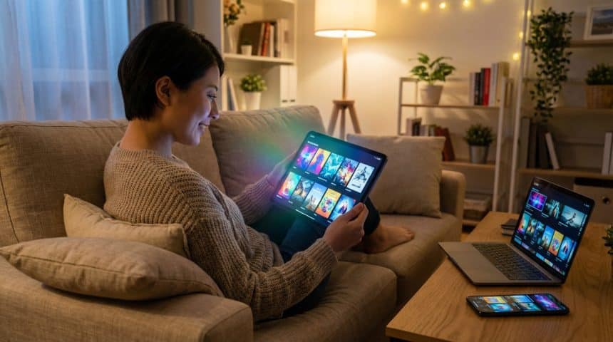 Femme souriante choisissant du contenu en streaming sur tablette, avec PC portable et smartphone affichant des options.