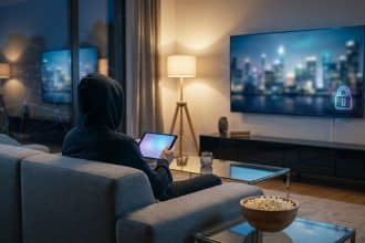 Une personne encapuchonnée sur un canapé utilise une tablette, face à une TV affichant un cadenas lumineux et des réseaux, évoquant la cybersécurité et l'accès sécurisé.