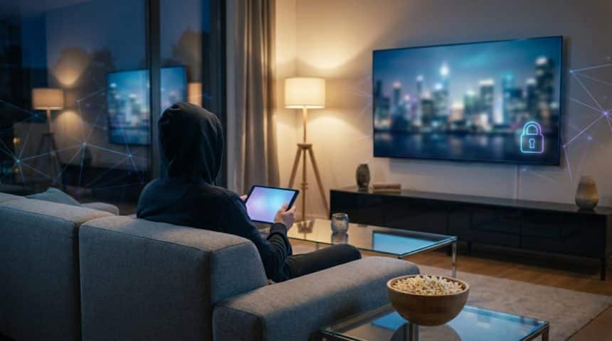 Une personne encapuchonnée sur un canapé utilise une tablette, face à une TV affichant un cadenas lumineux et des réseaux, évoquant la cybersécurité et l'accès sécurisé.
