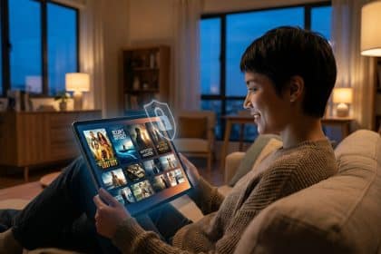 Personne souriante sur un canapé, visionnant du contenu sur une tablette avec une icône de cadenas, symbolisant la sécurité de Domgrav.