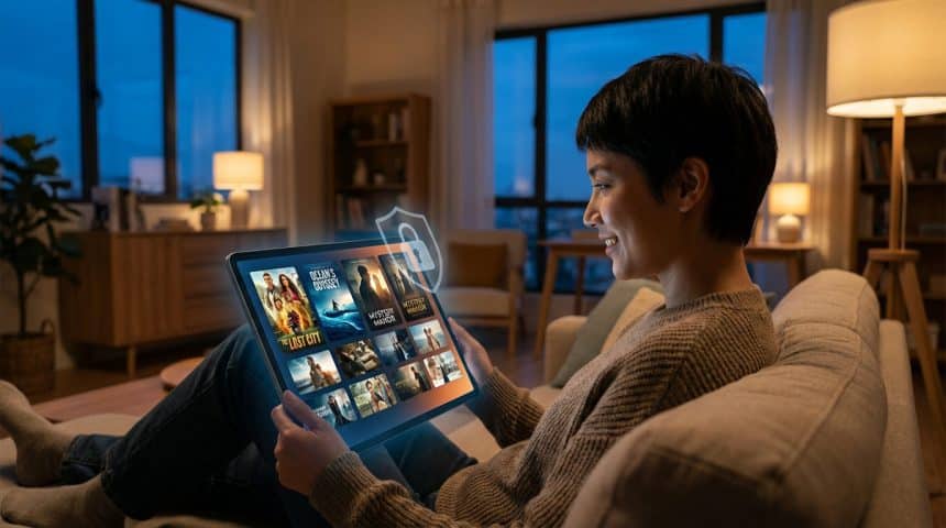 Personne souriante sur un canapé, visionnant du contenu sur une tablette avec une icône de cadenas, symbolisant la sécurité de Domgrav.