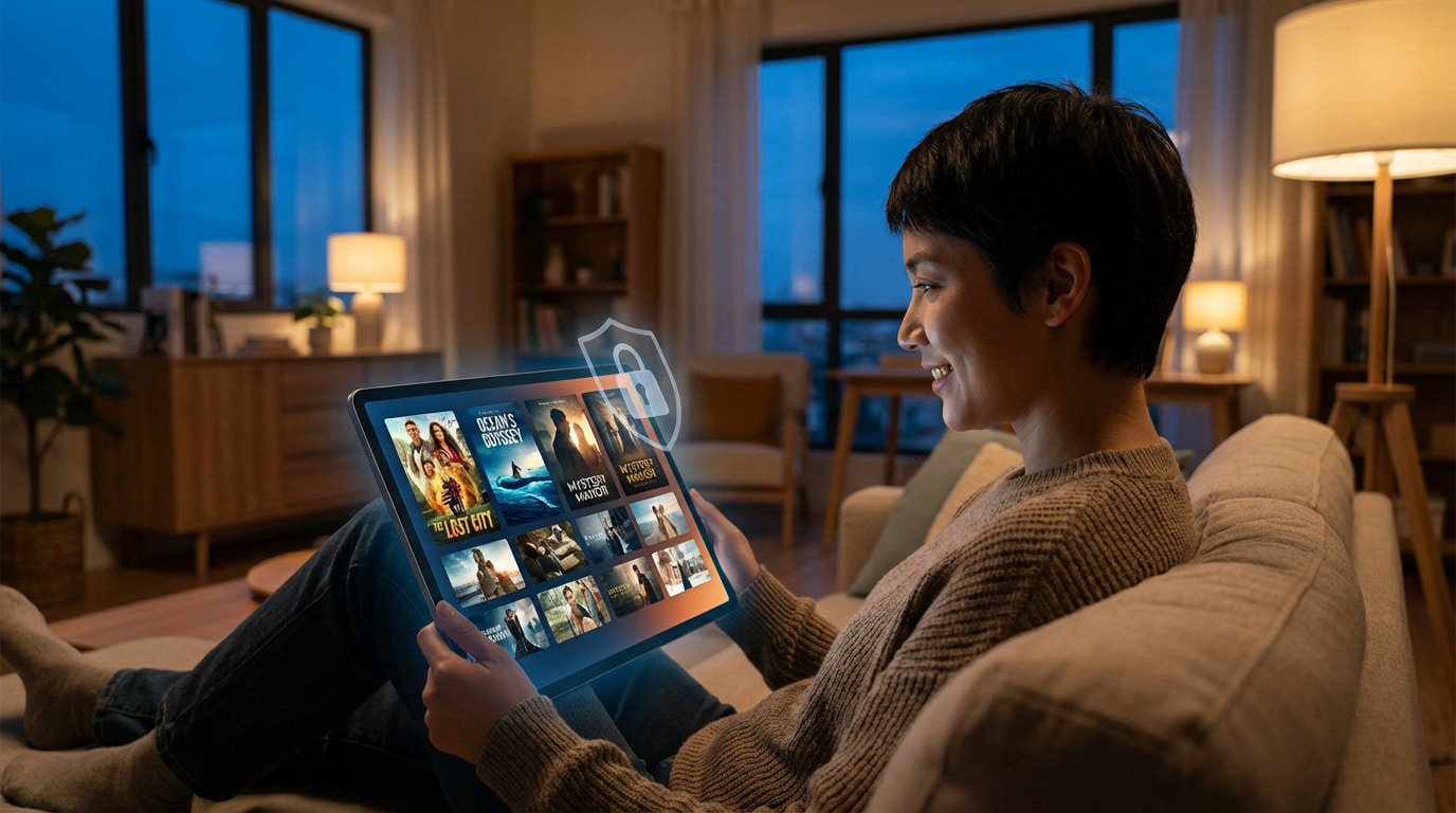 Personne souriante sur un canapé, visionnant du contenu sur une tablette avec une icône de cadenas, symbolisant la sécurité de Domgrav.