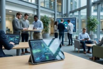 Tablette affichant "CONVERGENCE" et graphiques dans un espace de travail moderne avec plusieurs personnes utilisant des ordinateurs et tablettes.