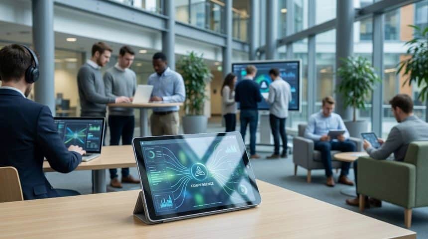 Tablette affichant "CONVERGENCE" et graphiques dans un espace de travail moderne avec plusieurs personnes utilisant des ordinateurs et tablettes.