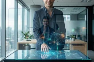 Homme en costume interagissant avec un écran tactile transparent affichant un réseau de données lumineuses dans un bureau moderne.
