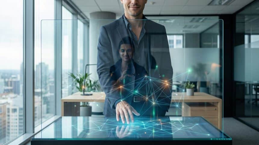 Homme en costume interagissant avec un écran tactile transparent affichant un réseau de données lumineuses dans un bureau moderne.