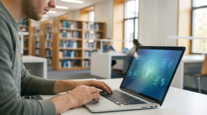 Jeune étudiant tapant sur un ordinateur portable dans une bibliothèque. L'écran affiche un symbole de bouclier pour la sécurité.