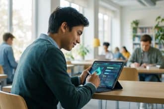 Jeune homme étudiant sur une tablette interactive avec stylet dans une salle de classe moderne. D'autres élèves en arrière-plan.