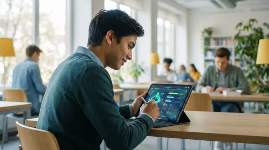 Jeune homme étudiant sur une tablette interactive avec stylet dans une salle de classe moderne. D'autres élèves en arrière-plan.