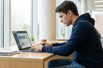 Jeune homme concentré sur son ordinateur portable, tapant sur le clavier. L'écran affiche une interface de portail numérique, suggérant un ENT. Il est assis à un bureau près d'une fenêtre.