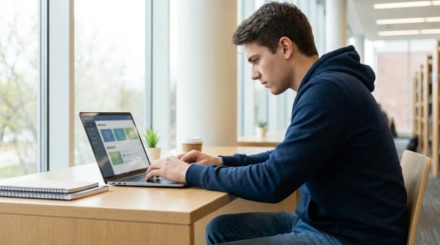 Jeune homme concentré sur son ordinateur portable, tapant sur le clavier. L'écran affiche une interface de portail numérique, suggérant un ENT. Il est assis à un bureau près d'une fenêtre.
